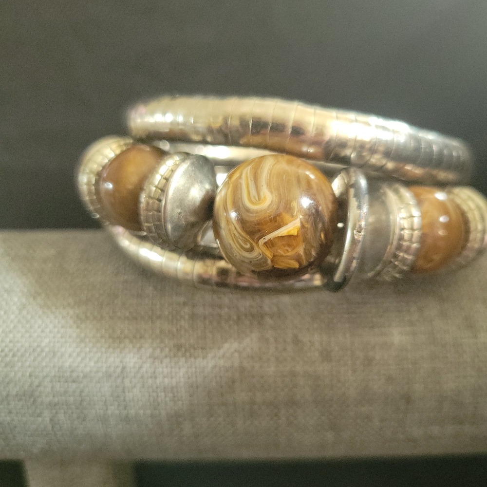 Silver Tone‎ Coil Wrap Bracelet Marbled Brown Resin Beads One Size Earthcore